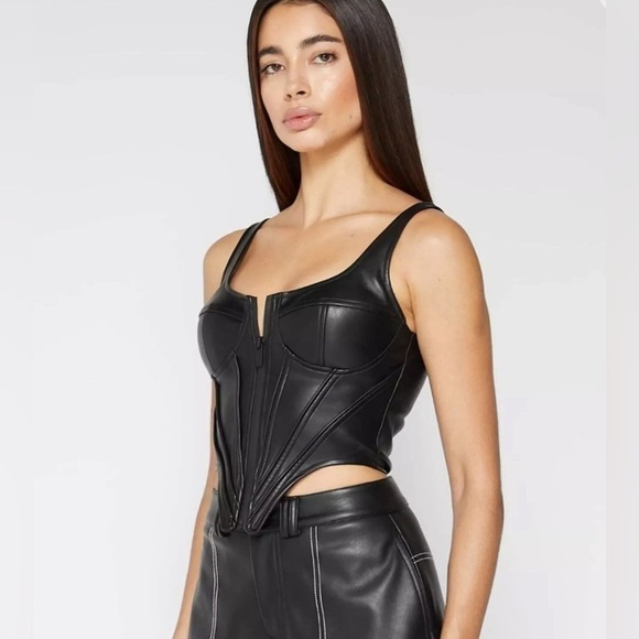 Sold on ebay ✅Maniere De Voir Front Zip Corset Top Black Vegan Faux Leather - Picture 3 of 11